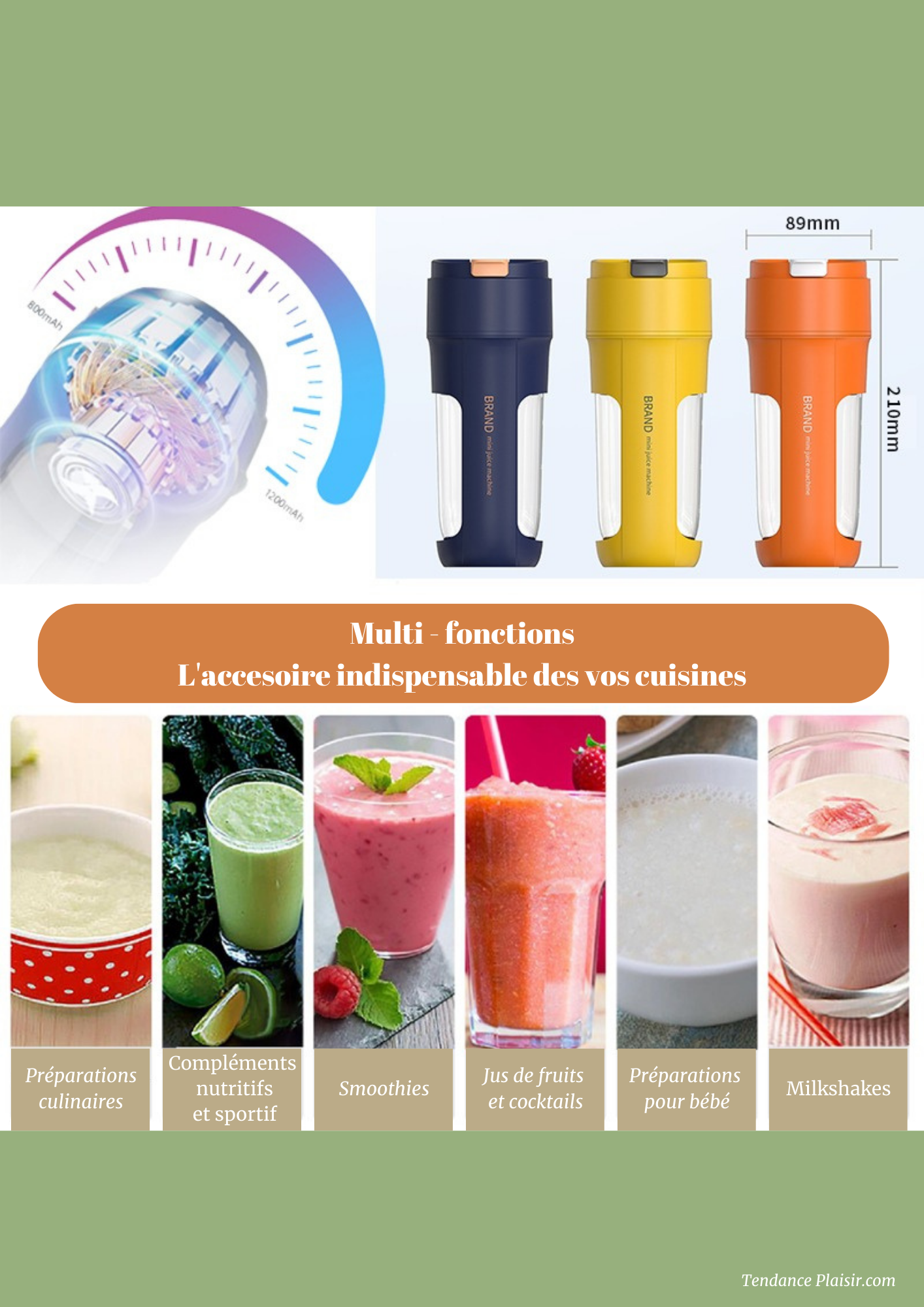 Mini Blender portatif - Smoothies - Jus de fruit -  Préparation Protéiné -